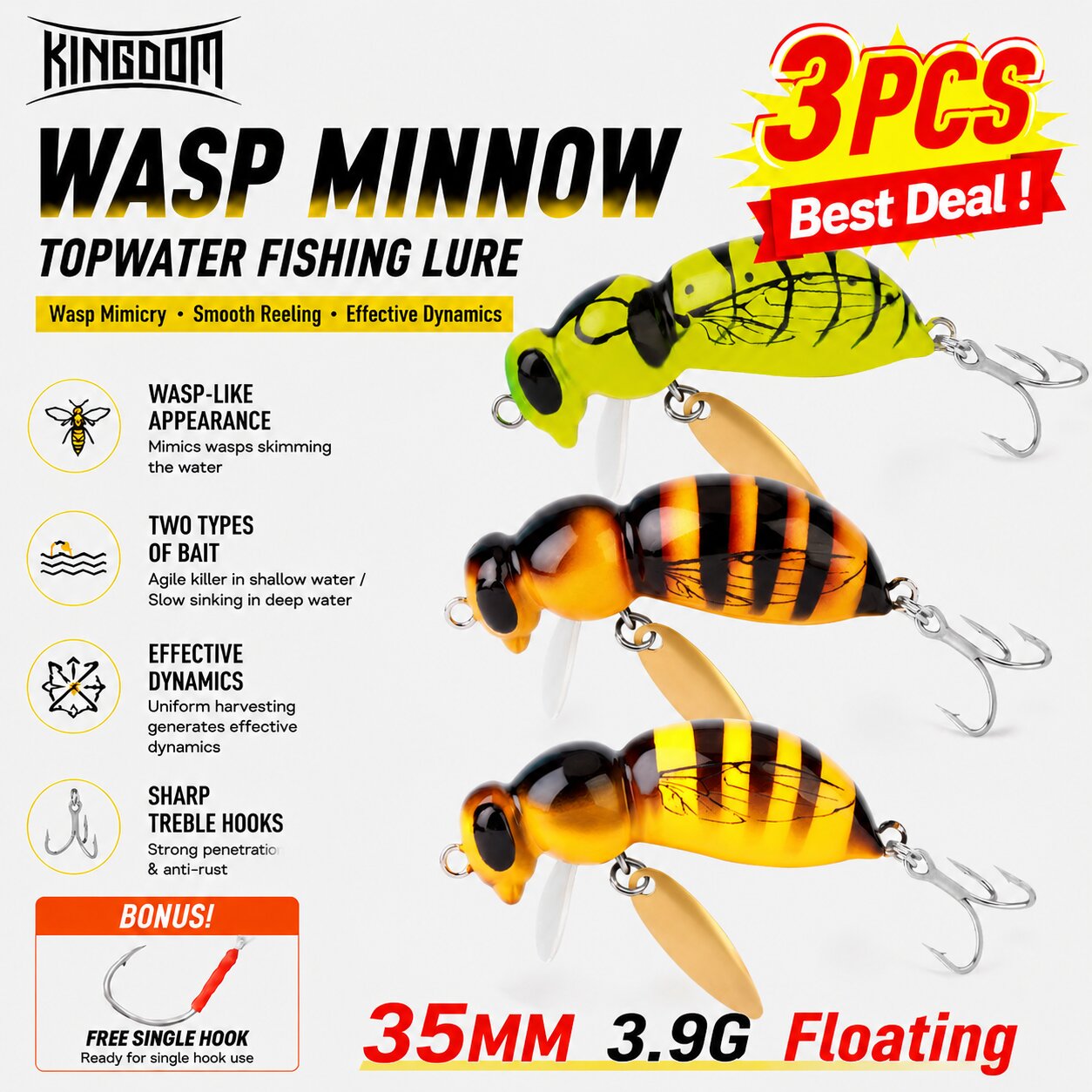 Kingdom 3 adet Wasp Minnow Lur - Fishing Lure Topwater incelemesi ve fiyatı