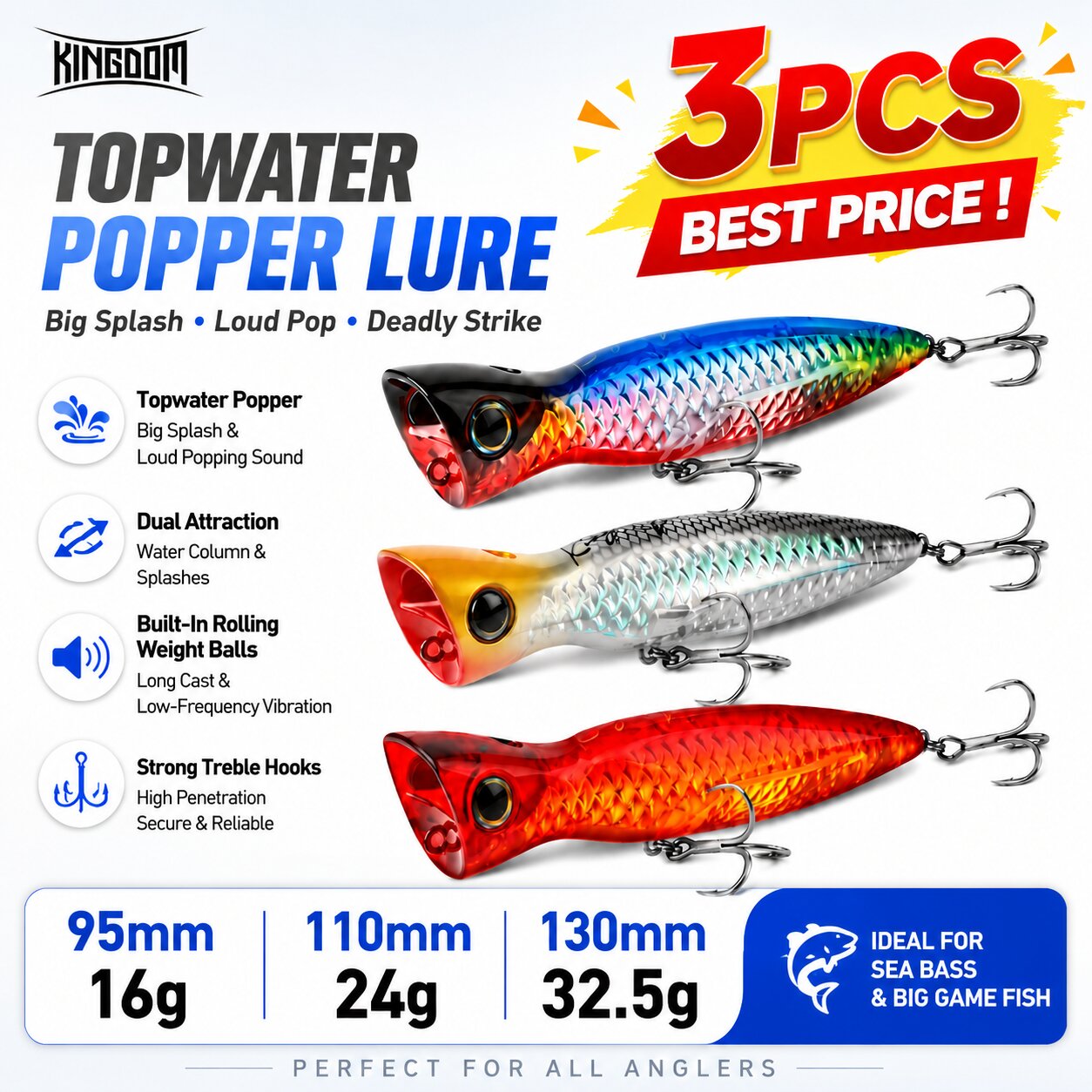 Kingdom 3 adet Büyük Av Popper - Fishing Lure Popper incelemesi ve fiyatı